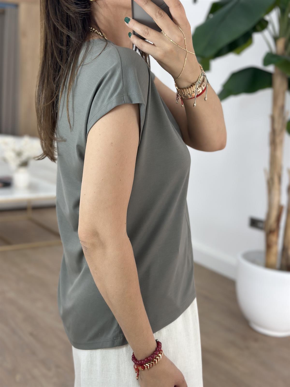 V Yaka Önü Dikişli Modal Tshirt - Haki