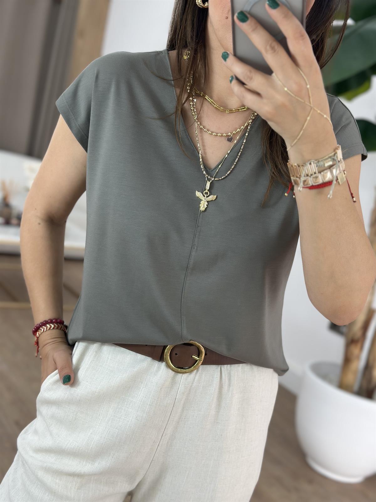 V Yaka Önü Dikişli Modal Tshirt - Haki