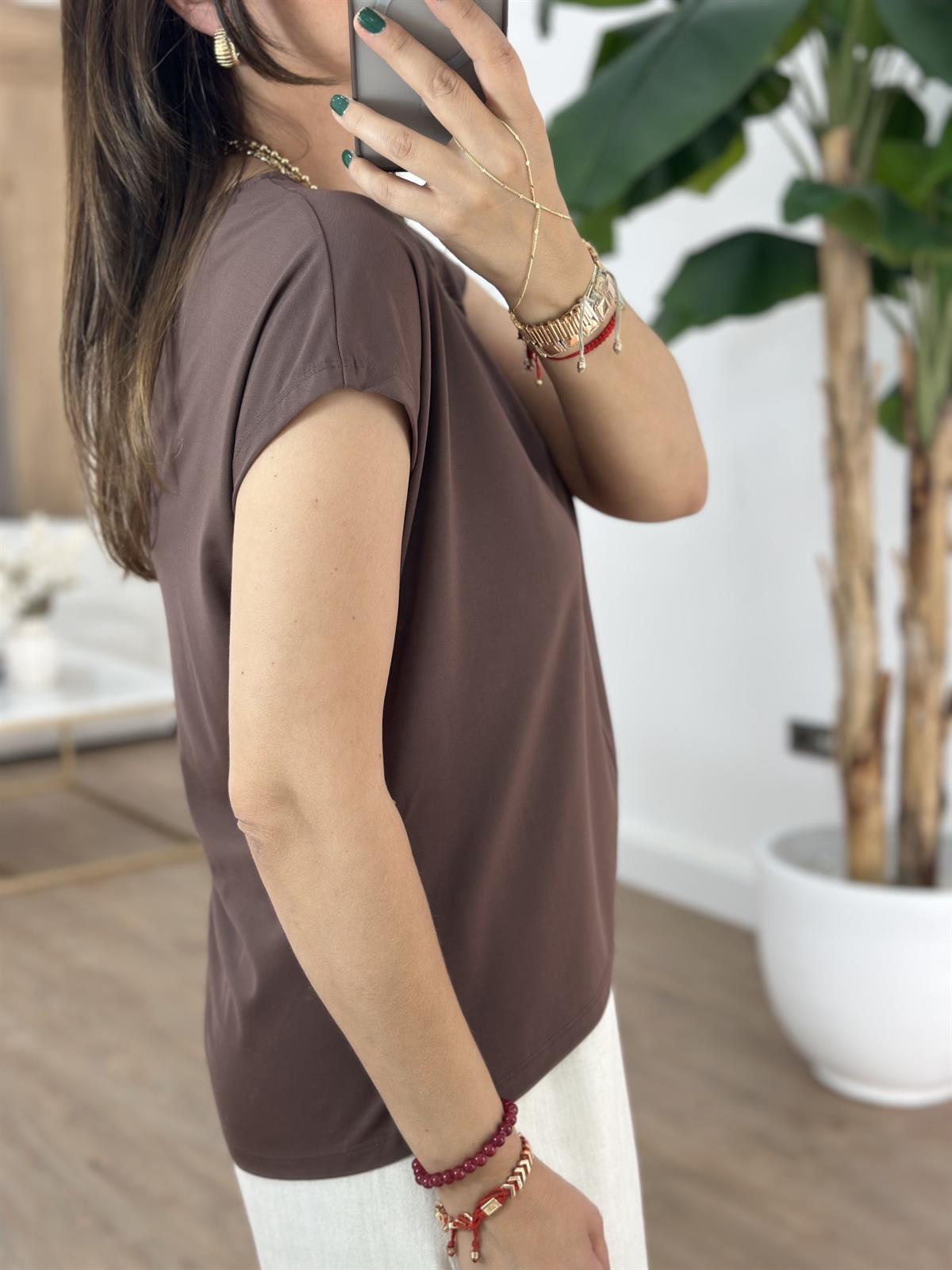 V Yaka Önü Dikişli Modal Tshirt - Kahverengi