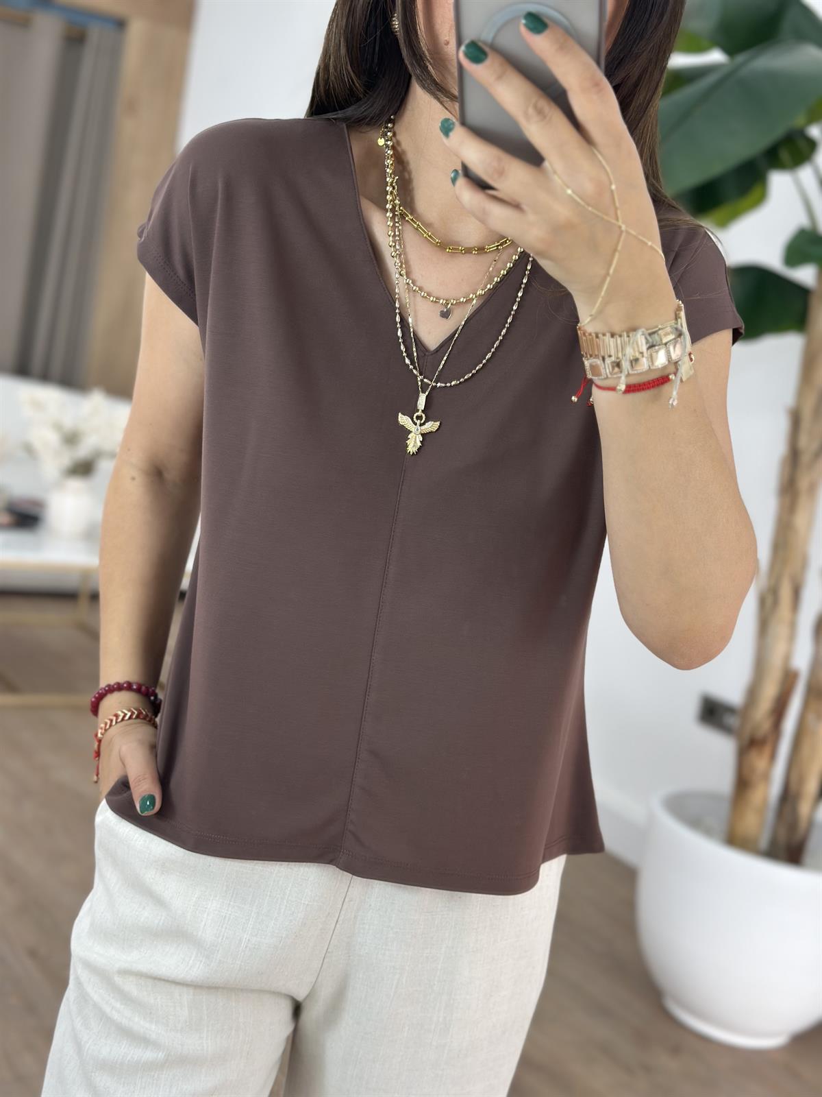 V Yaka Önü Dikişli Modal Tshirt - Kahverengi
