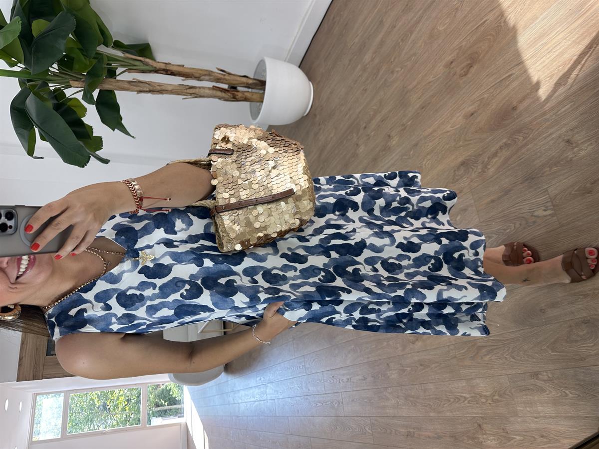 V Yaka Batik Desenli Cepli Midi Elbise