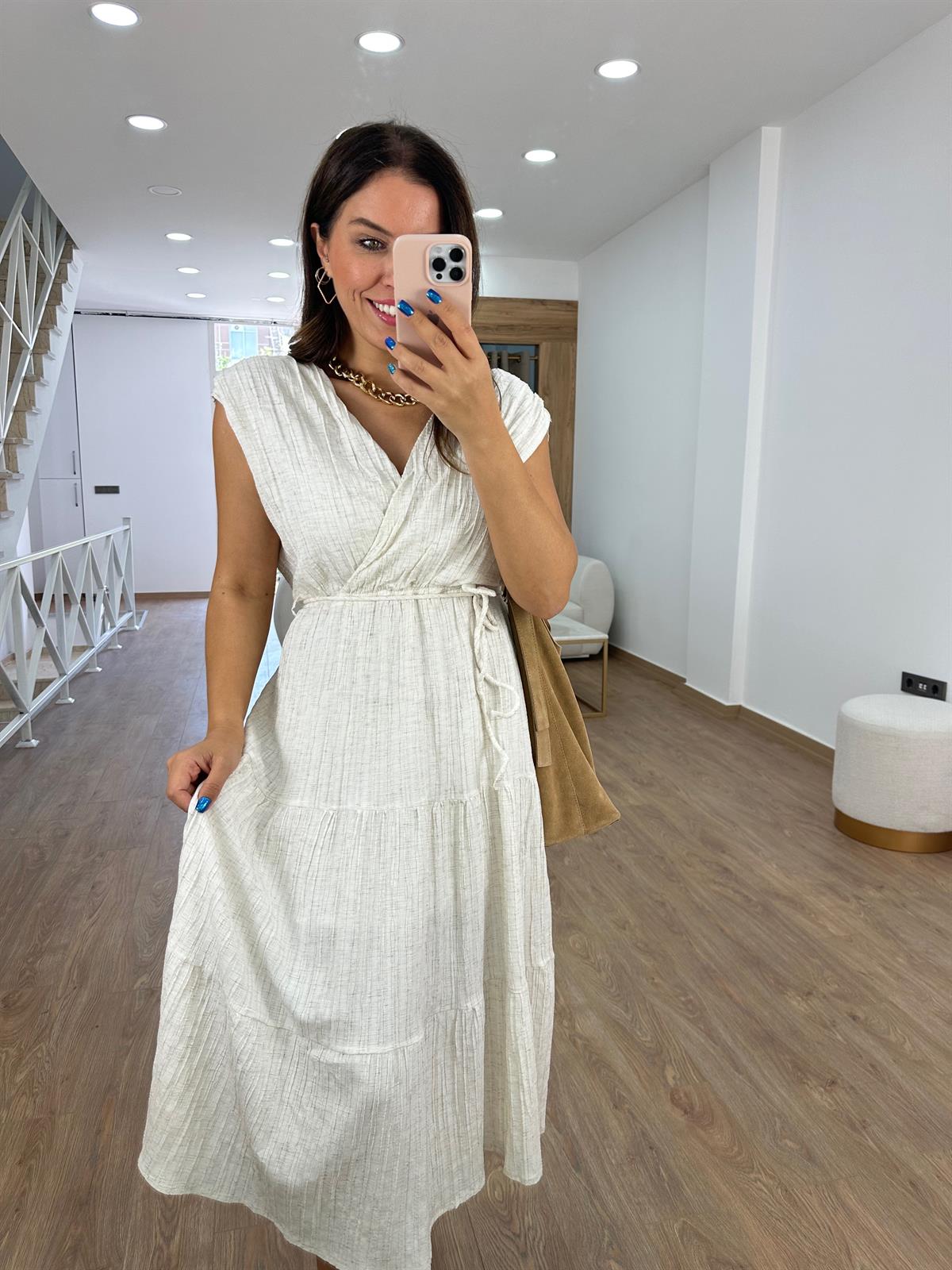 V Yaka Beli Kuşaklı Elbise - Ekru