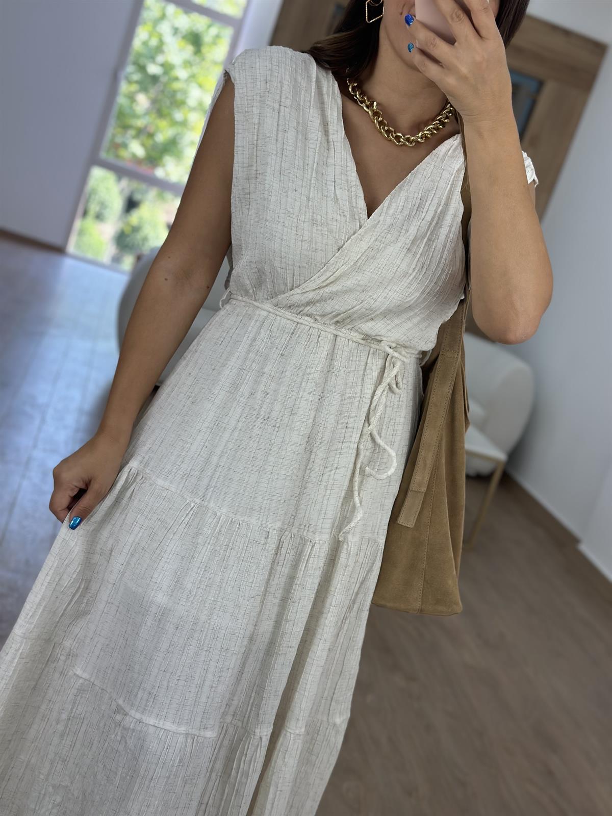 V Yaka Beli Kuşaklı Elbise - Ekru