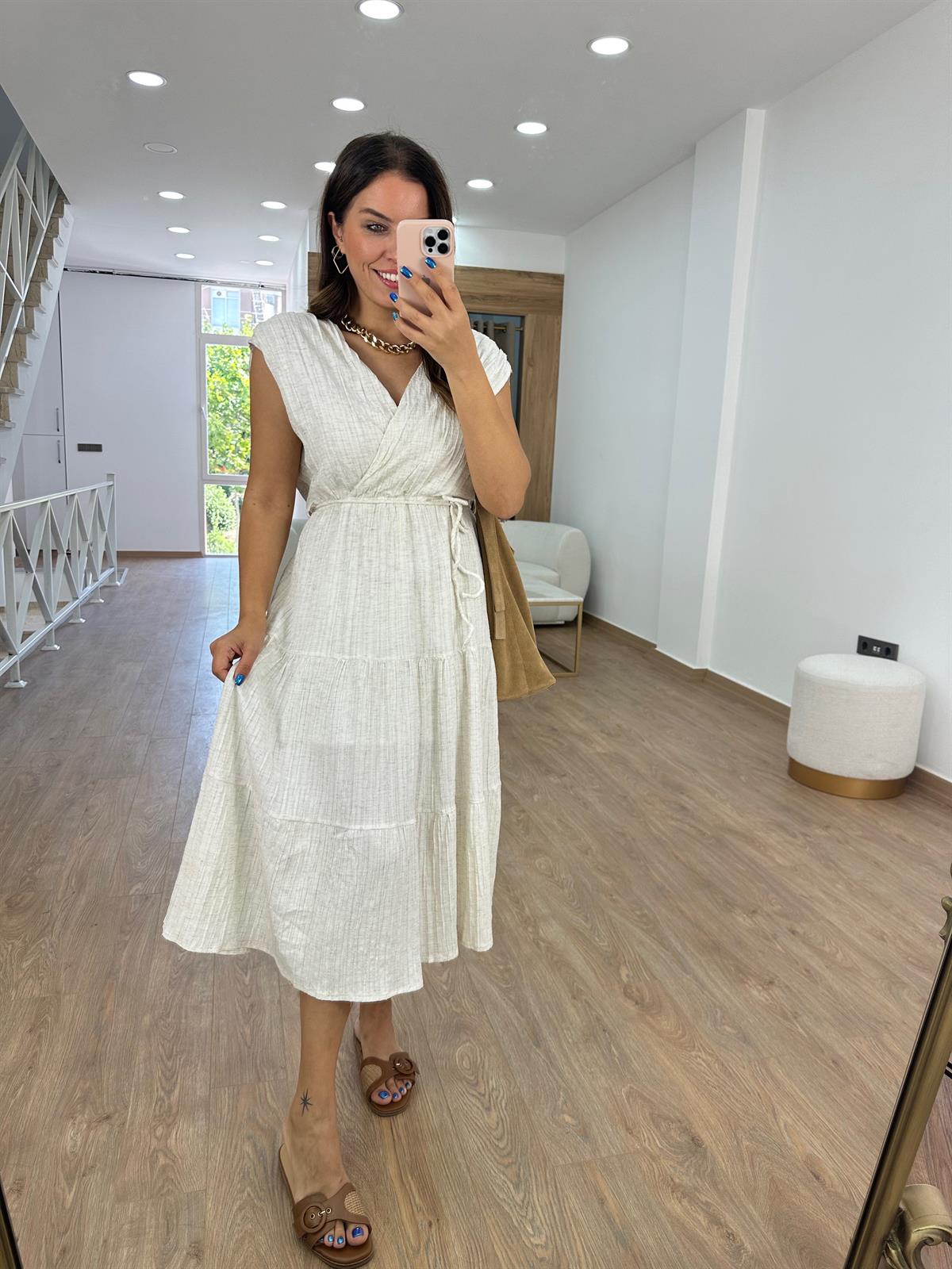 V Yaka Beli Kuşaklı Elbise - Ekru