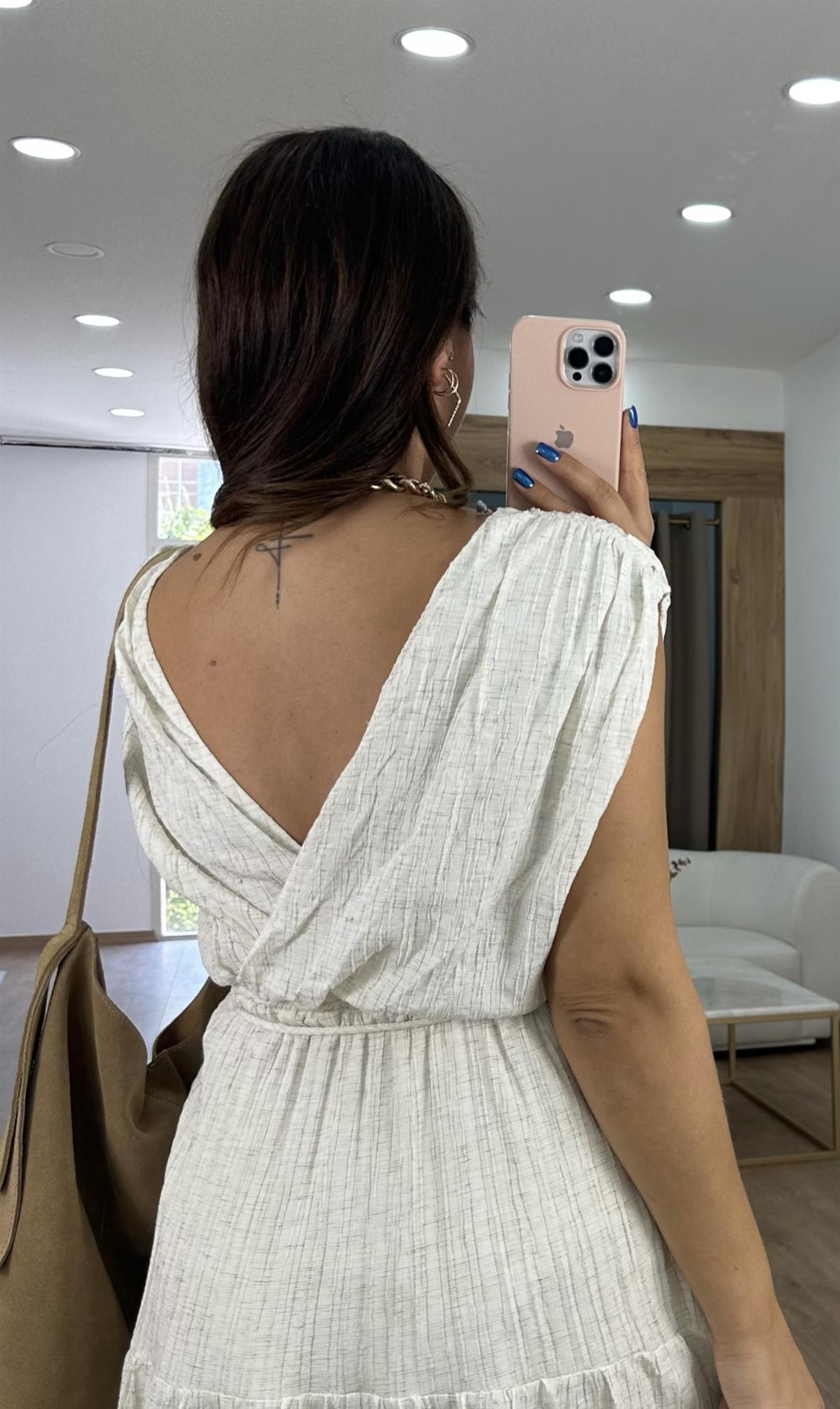 V Yaka Beli Kuşaklı Elbise - Ekru