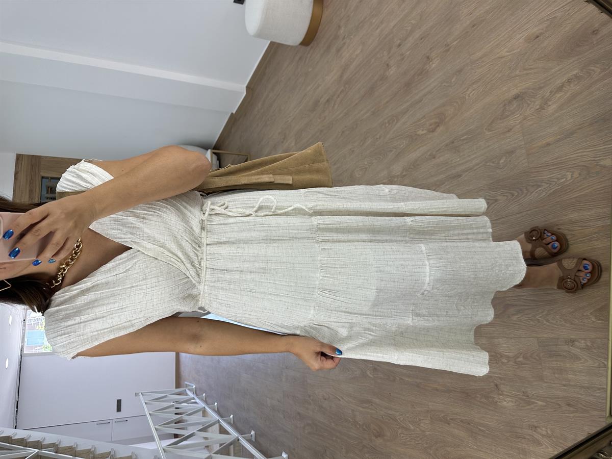 V Yaka Beli Kuşaklı Elbise - Ekru