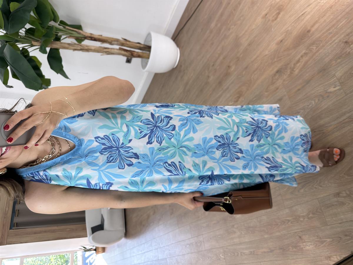 V Yaka Desenli Şifon Elbise - Mavi