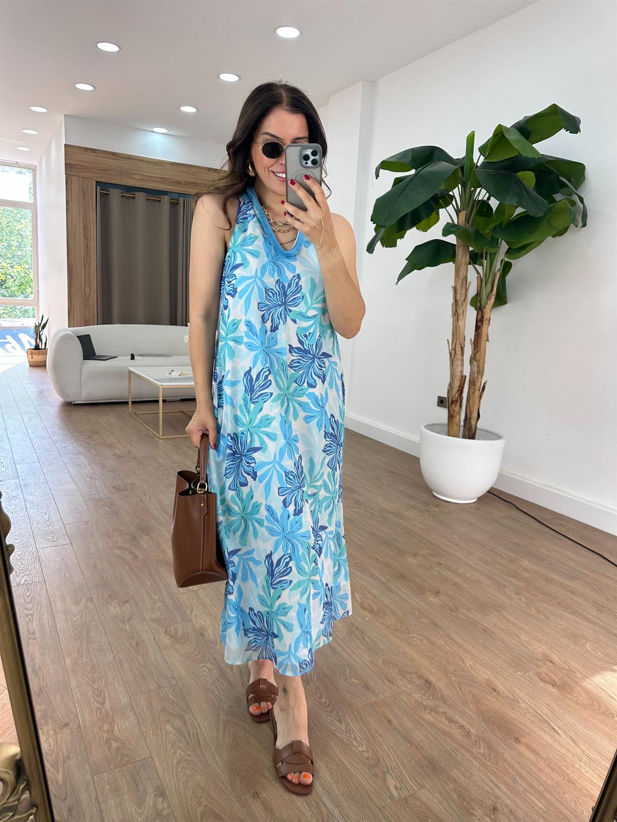 V Yaka Desenli Şifon Elbise - Mavi