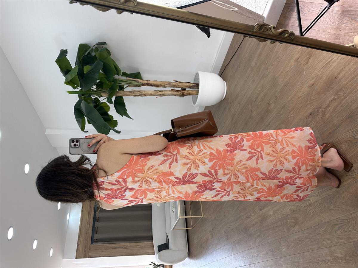 V Yaka Desenli Şifon Elbise - Turuncu