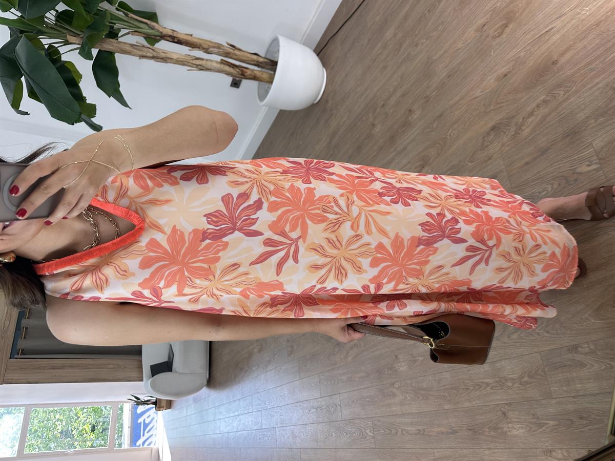 V Yaka Desenli Şifon Elbise - Turuncu