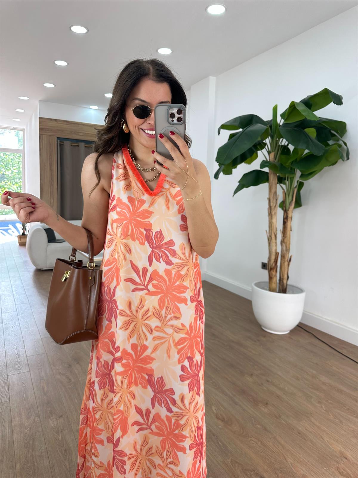 V Yaka Desenli Şifon Elbise - Turuncu