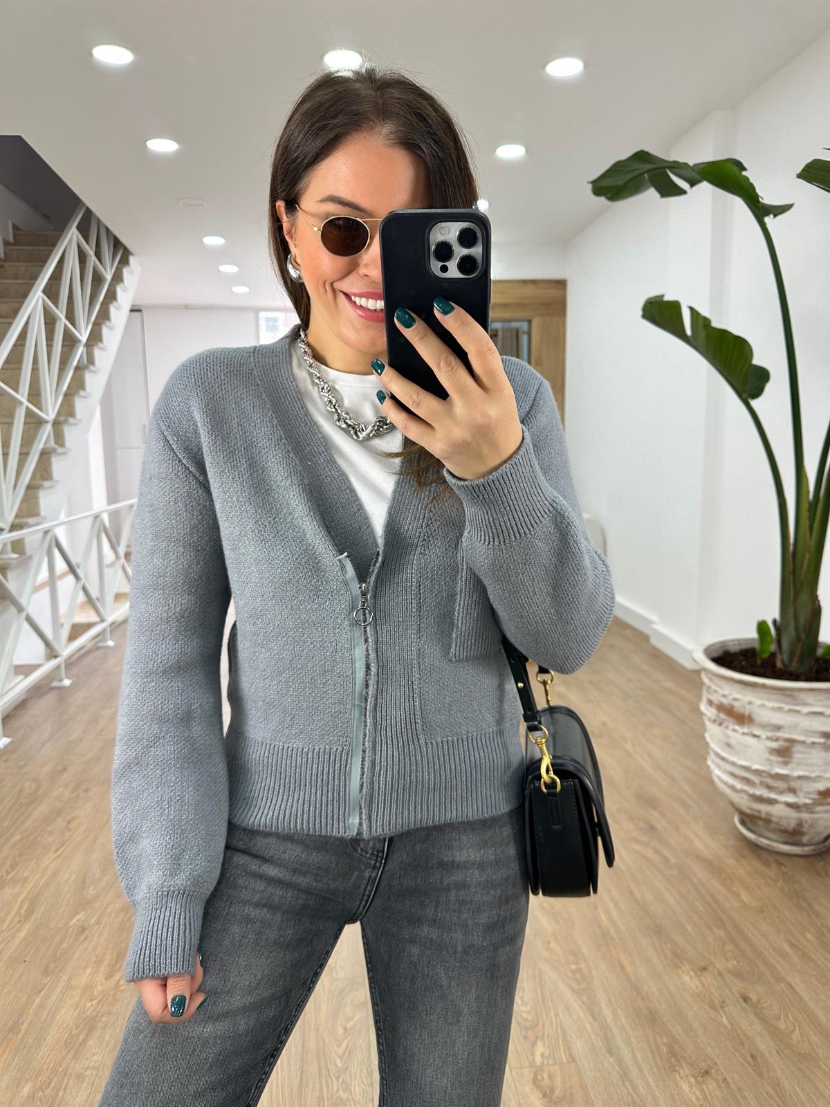 V Yaka Fermuarlı Hırka-Gri