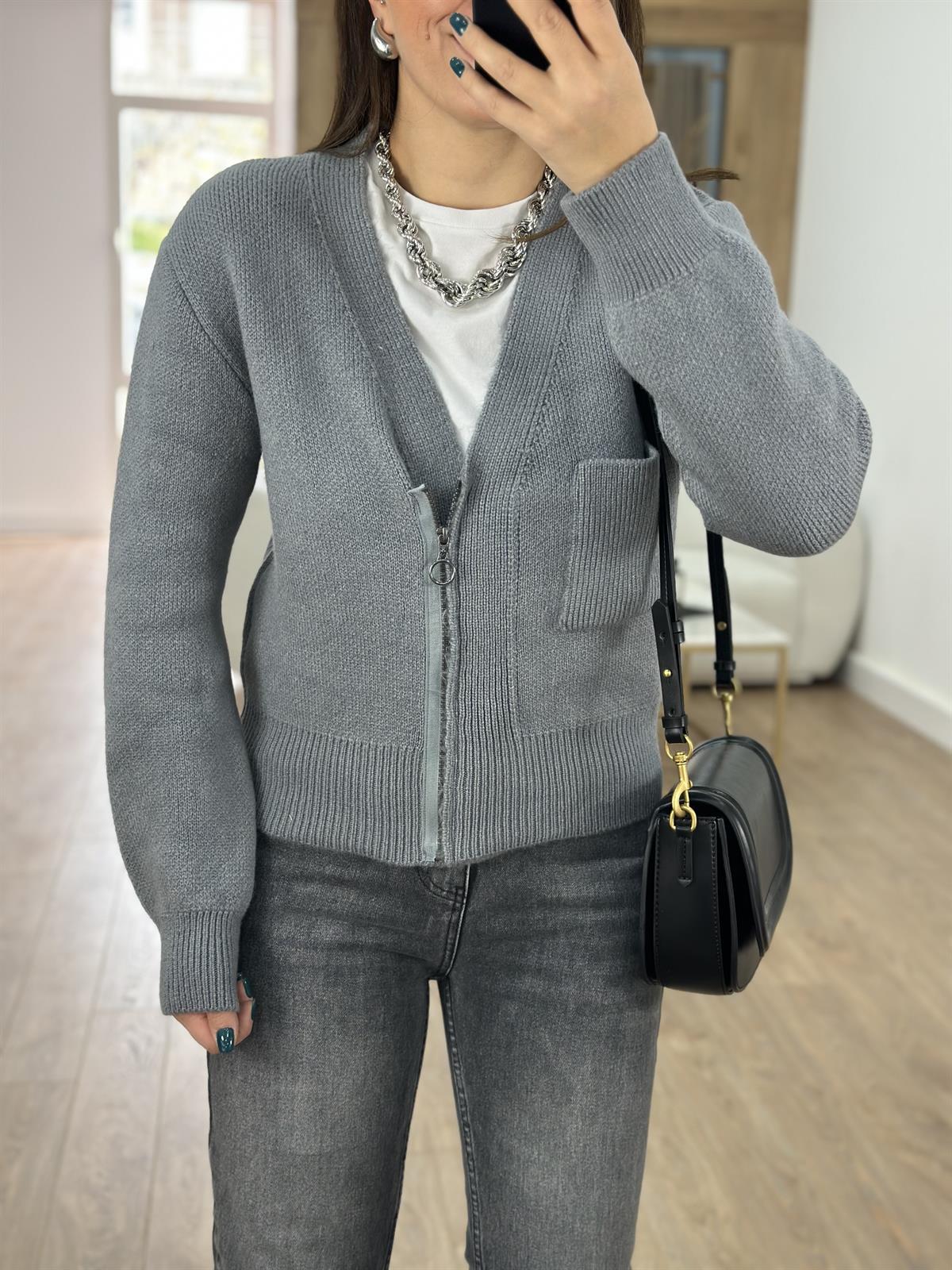 V Yaka Fermuarlı Hırka-Gri