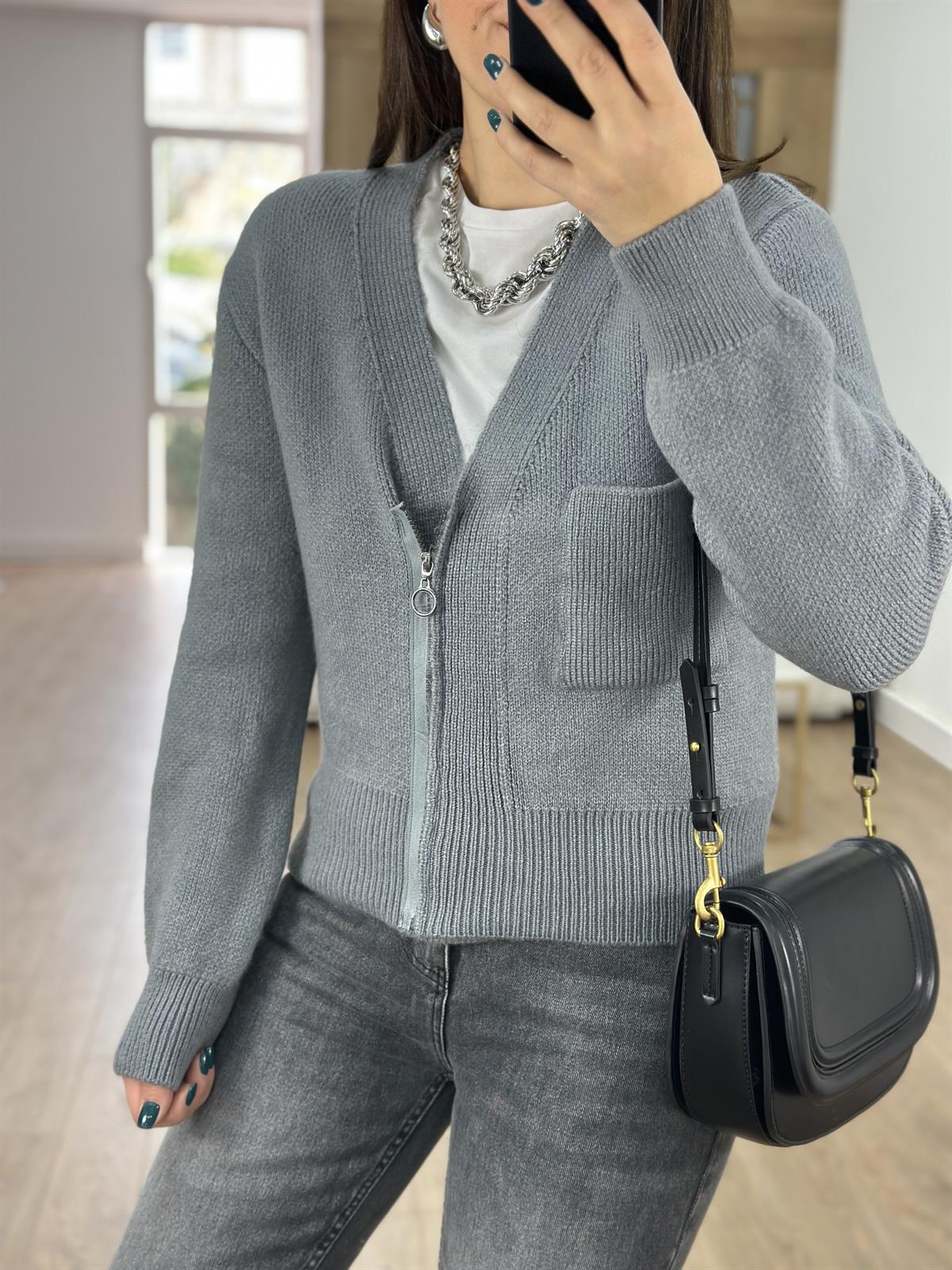 V Yaka Fermuarlı Hırka-Gri