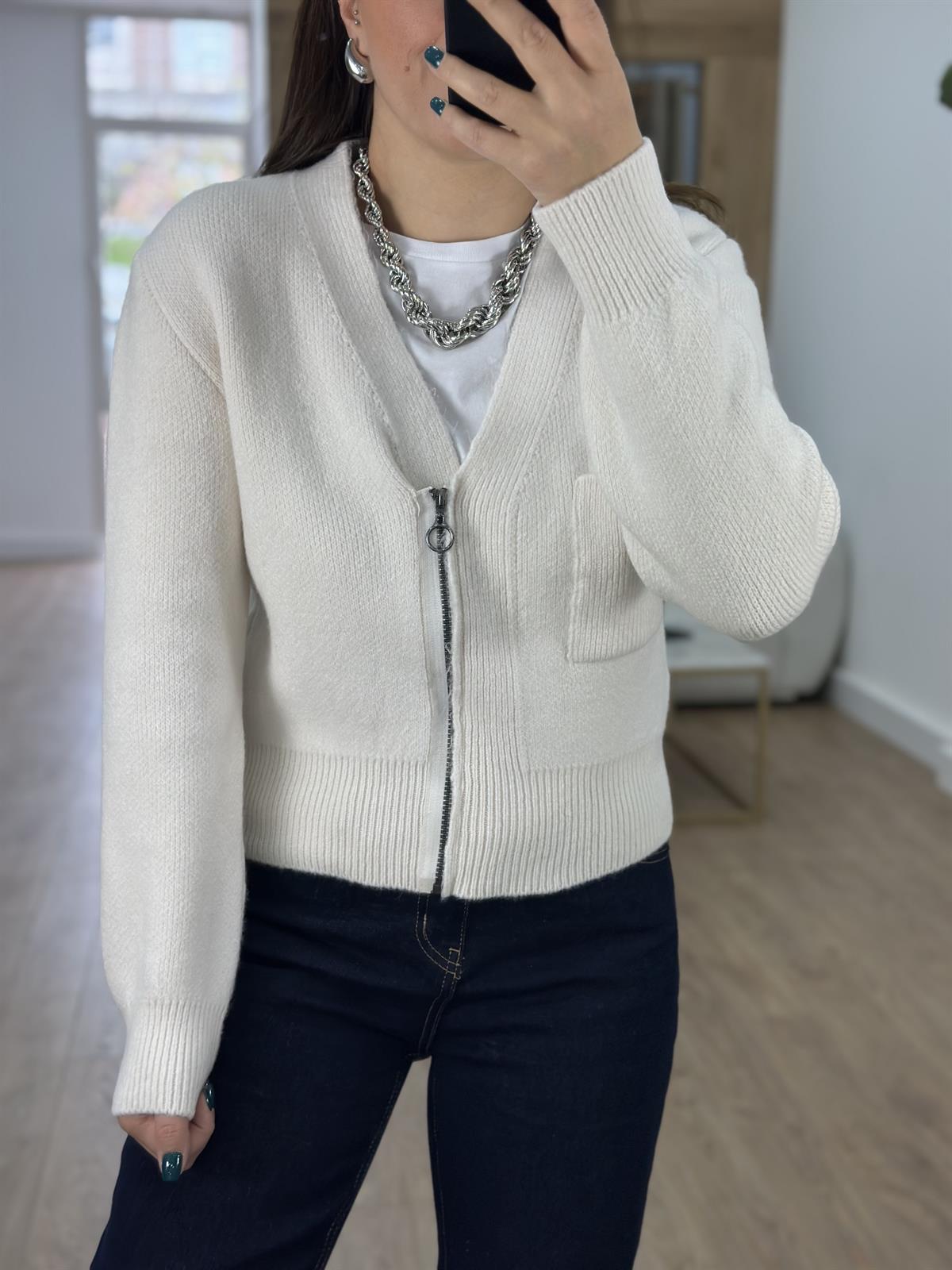 V Yaka Fermuarlı Hırka-Krem