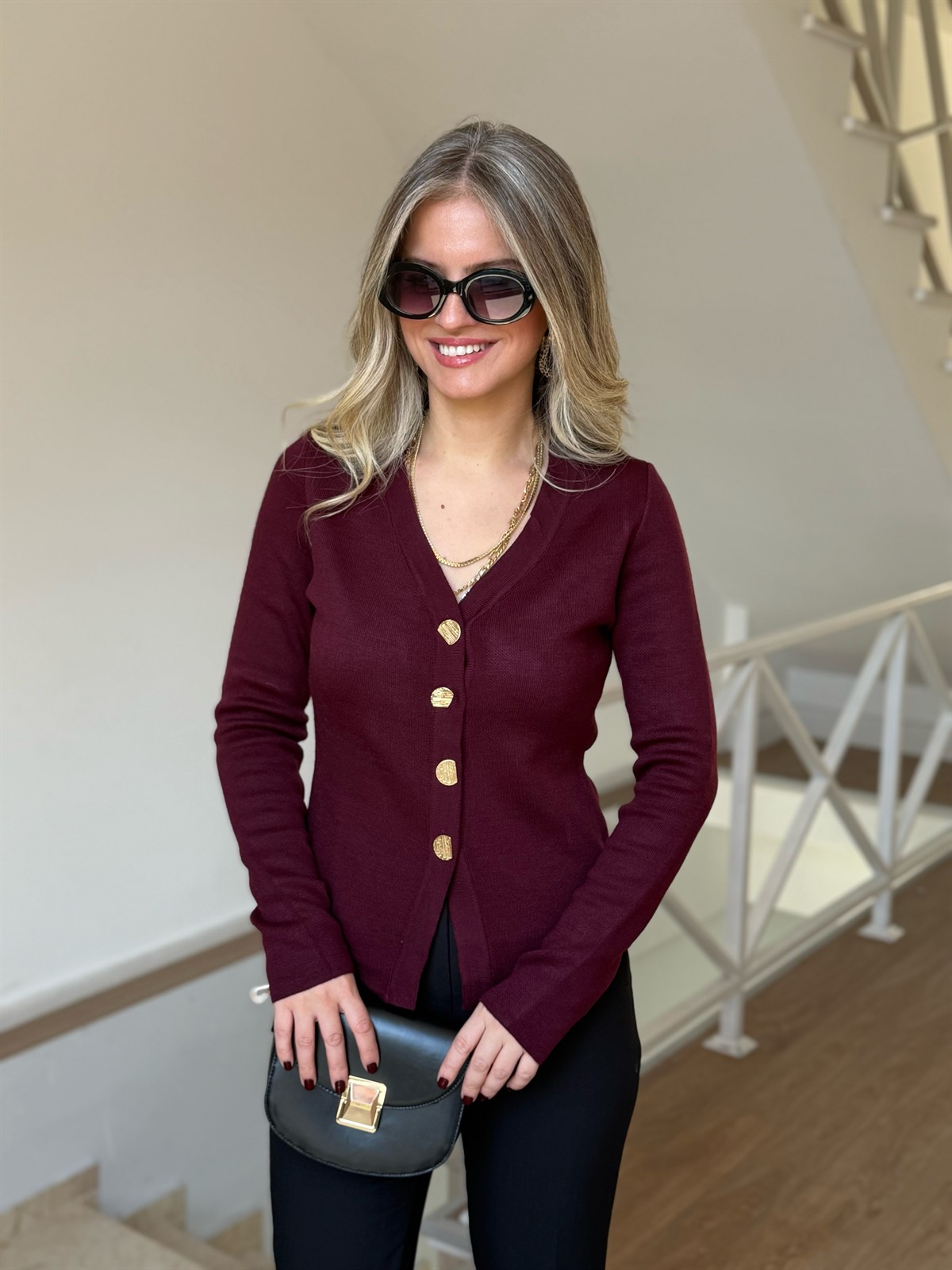 V Yaka Gold Düğmeli Hırka - Bordo