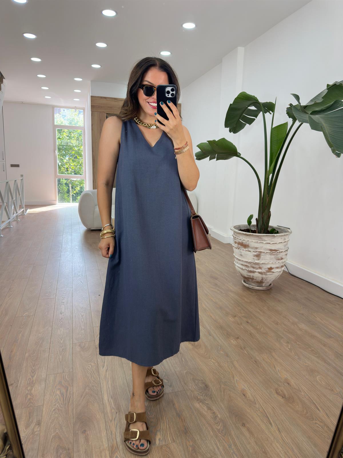 V Yaka Midi Boy Pamuk Keten Elbise-Antrasit