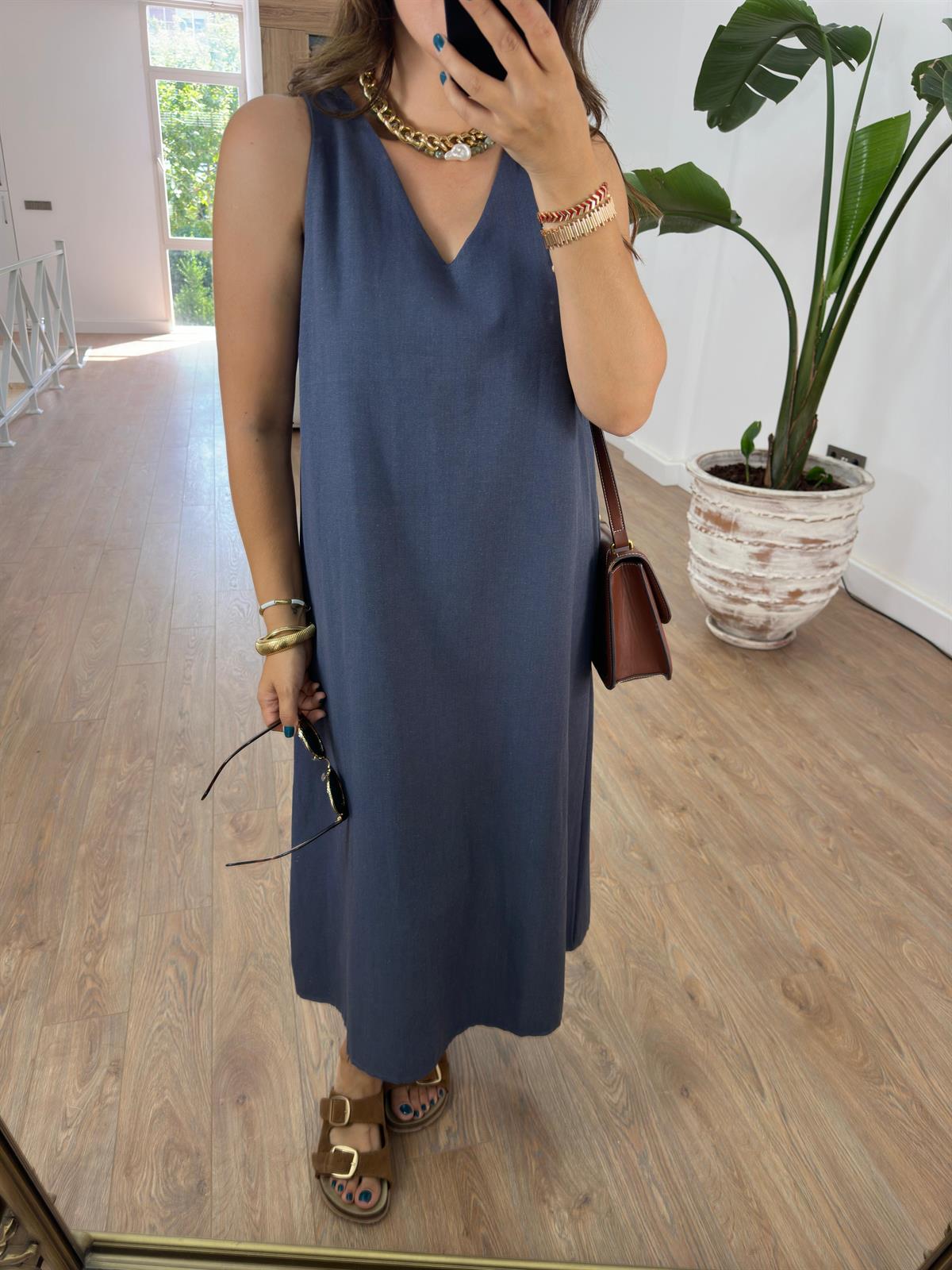 V Yaka Midi Boy Pamuk Keten Elbise-Antrasit