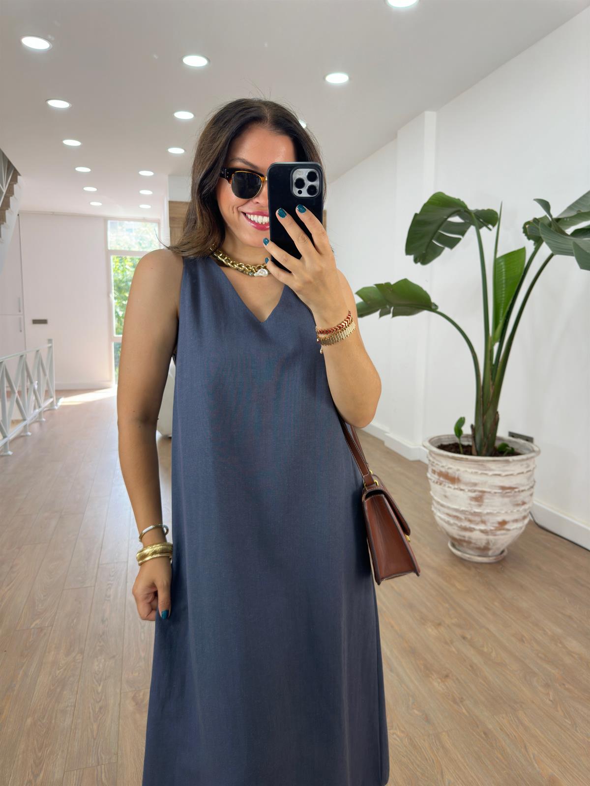 V Yaka Midi Boy Pamuk Keten Elbise-Antrasit