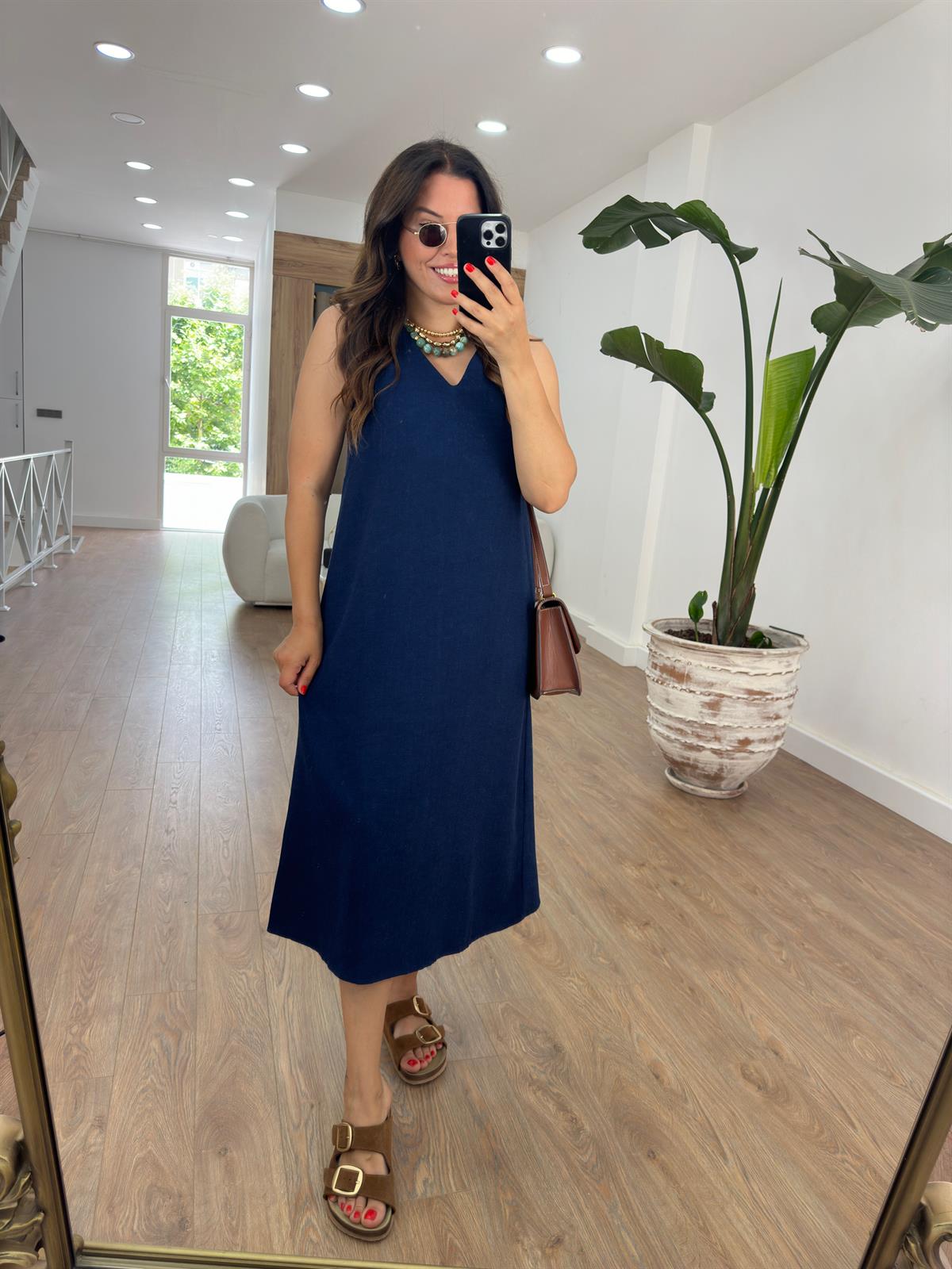 V Yaka Midi Boy Pamuk Keten Elbise-Lacivert