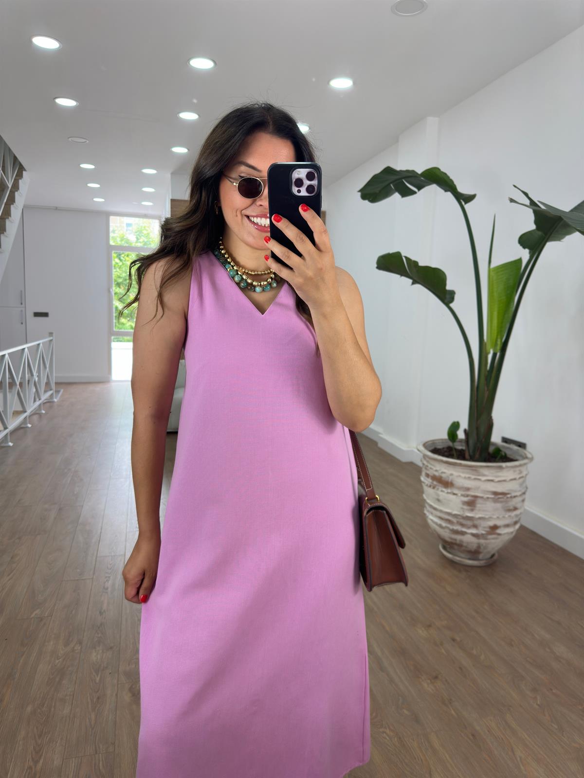 V Yaka Midi Boy Pamuk Keten Elbise-Pembe