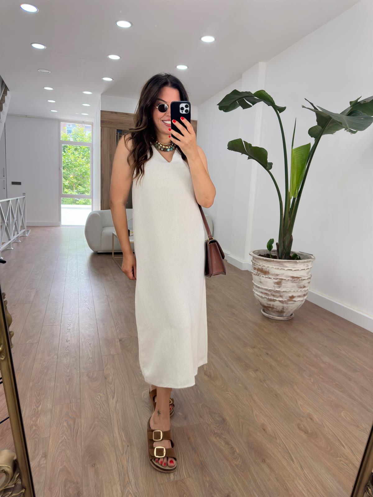 V Yaka Midi Boy Pamuk Keten Elbise-Taş