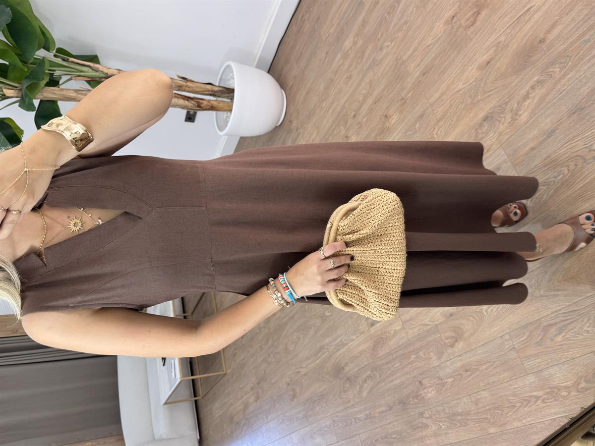 V Yaka Midi Pamuklu Elbise - Kahverengi