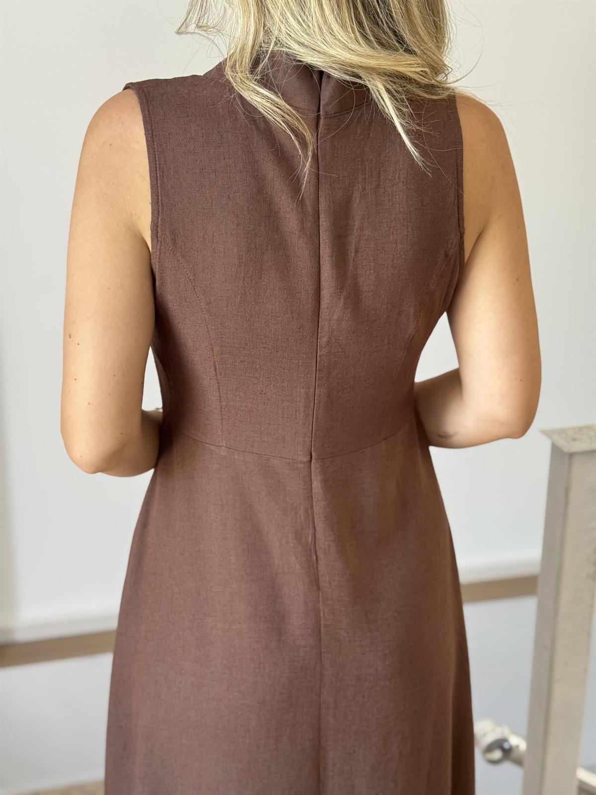 V Yaka Midi Pamuklu Elbise - Kahverengi