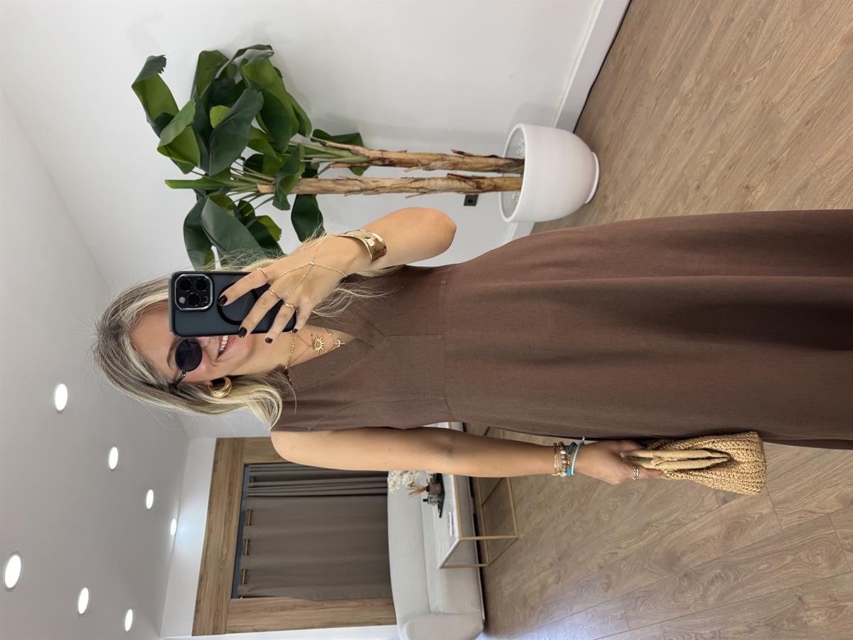 V Yaka Midi Pamuklu Elbise - Kahverengi