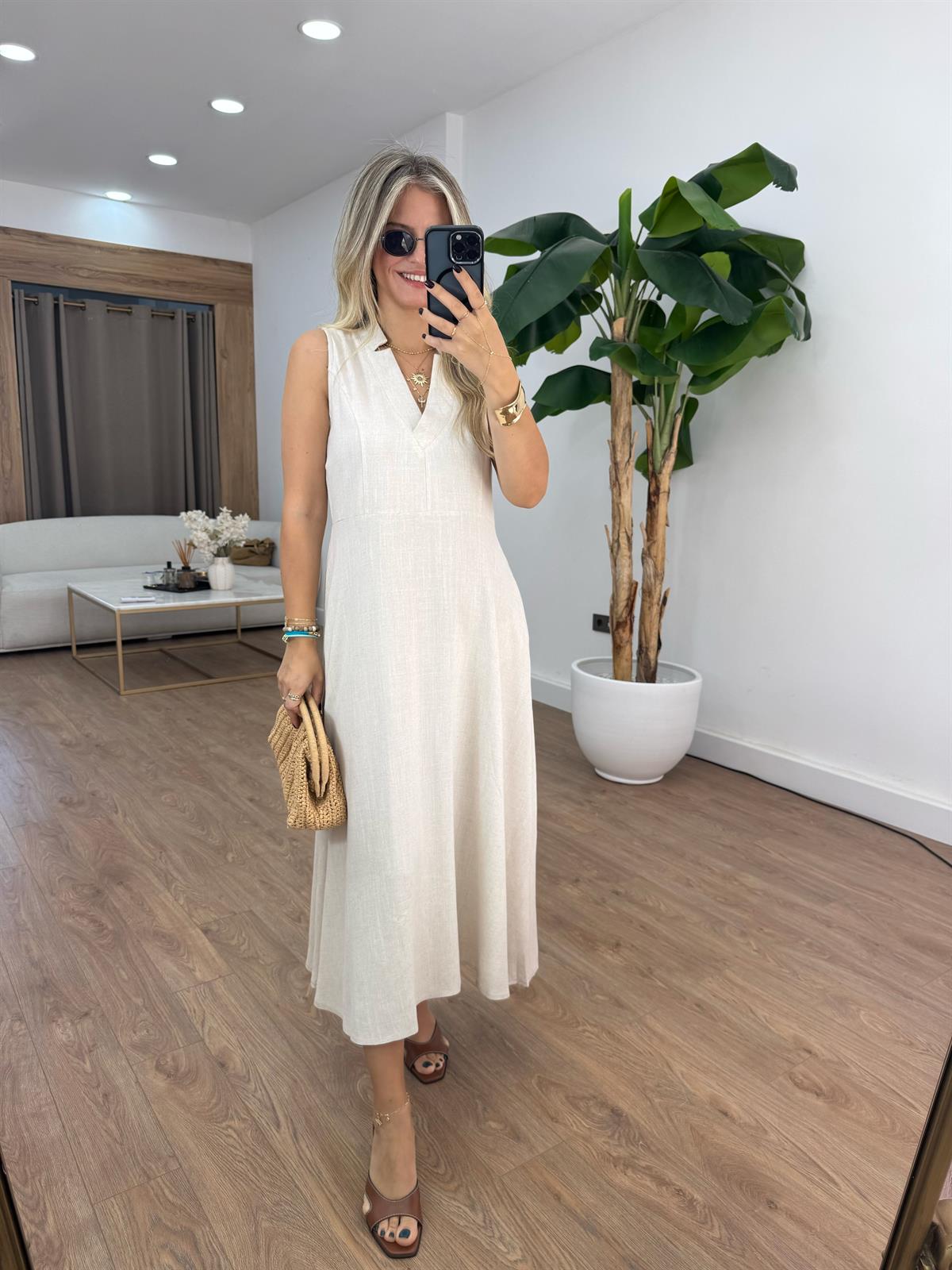 V Yaka Midi Pamuklu Elbise - Taş