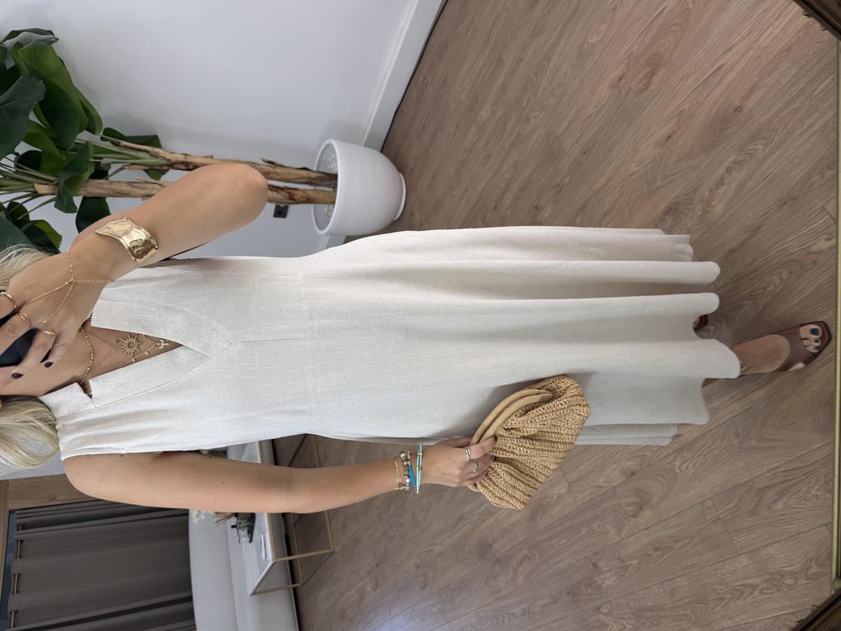 V Yaka Midi Pamuklu Elbise - Taş