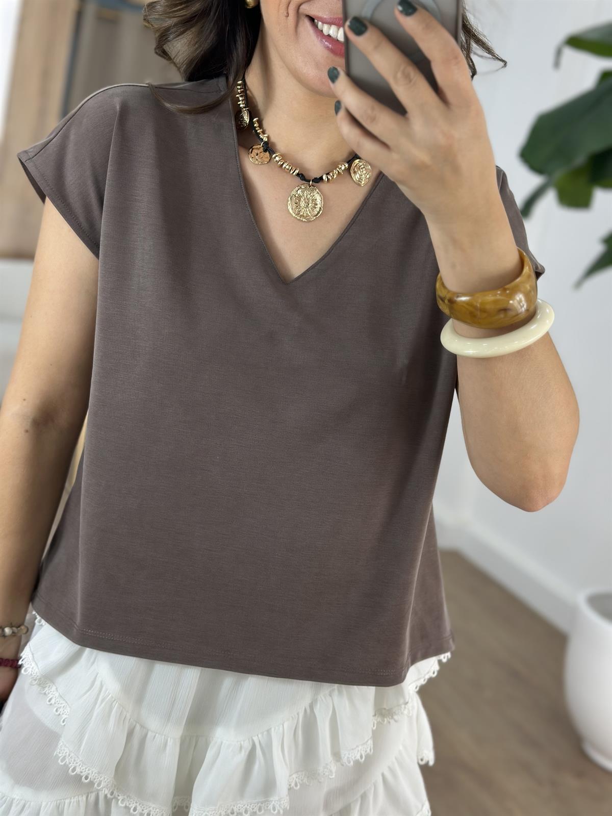 V Yaka Modal Basic Tshirt - Kahverengi