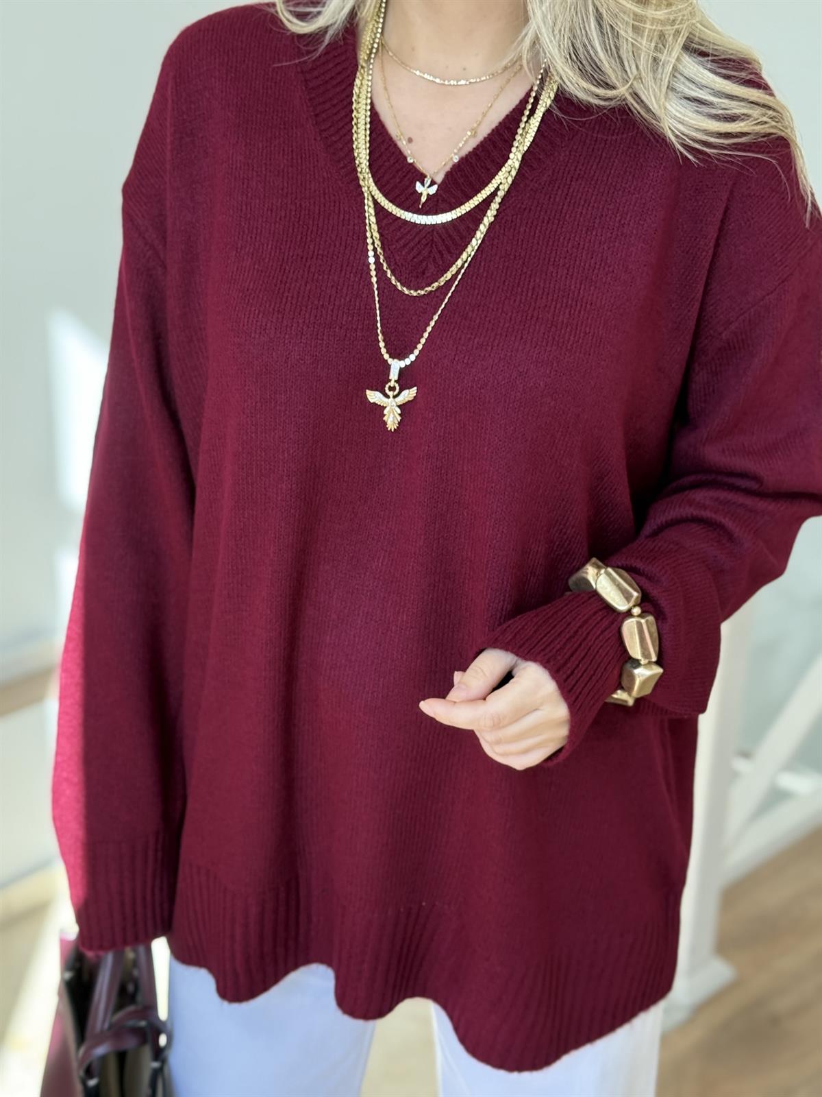 V Yaka Soft Triko Kazak - Bordo