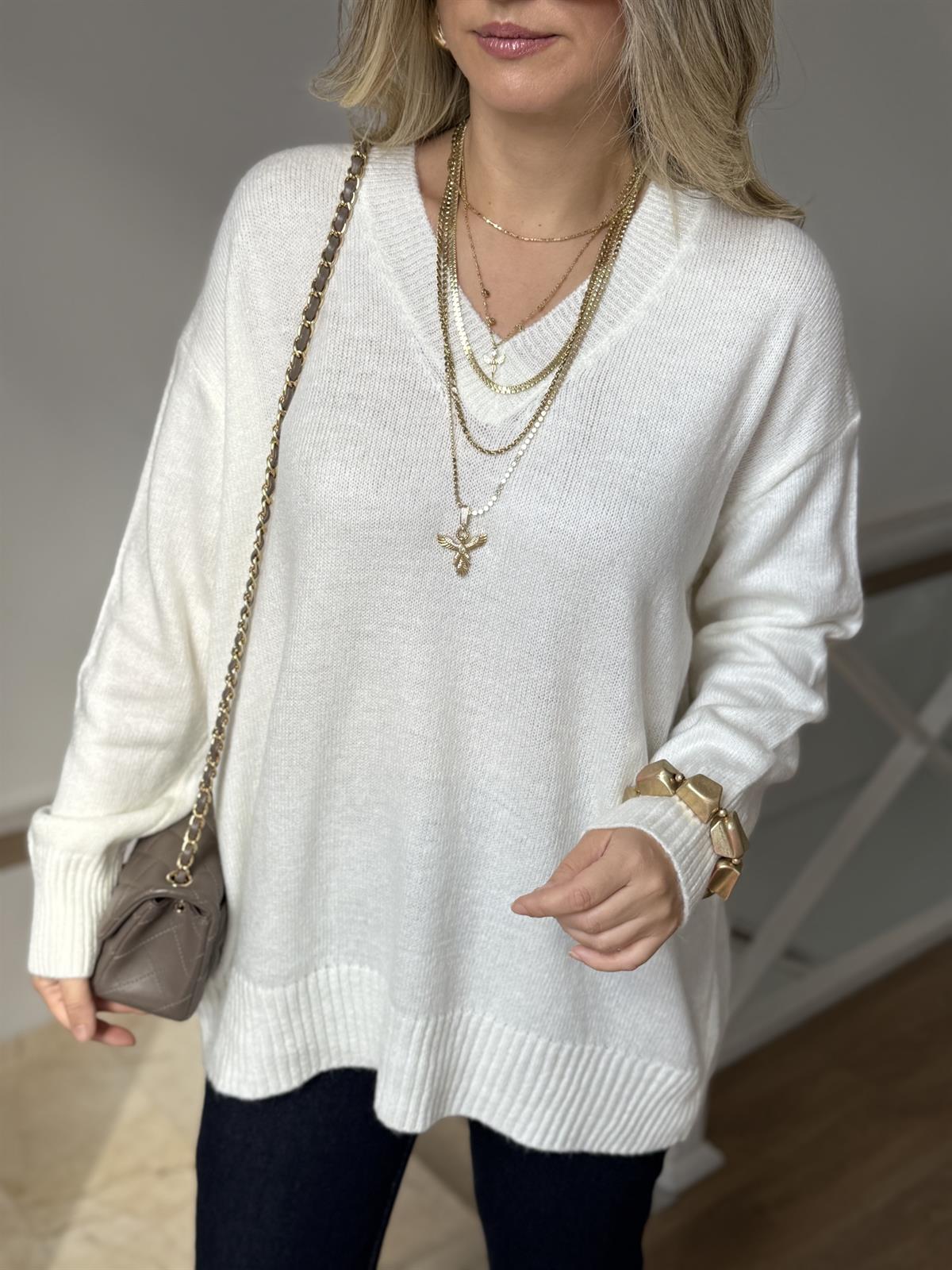 V Yaka Soft Triko Kazak - Ekru