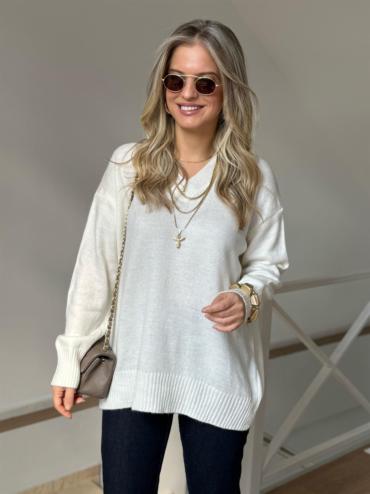 V Yaka Soft Triko Kazak - Ekru