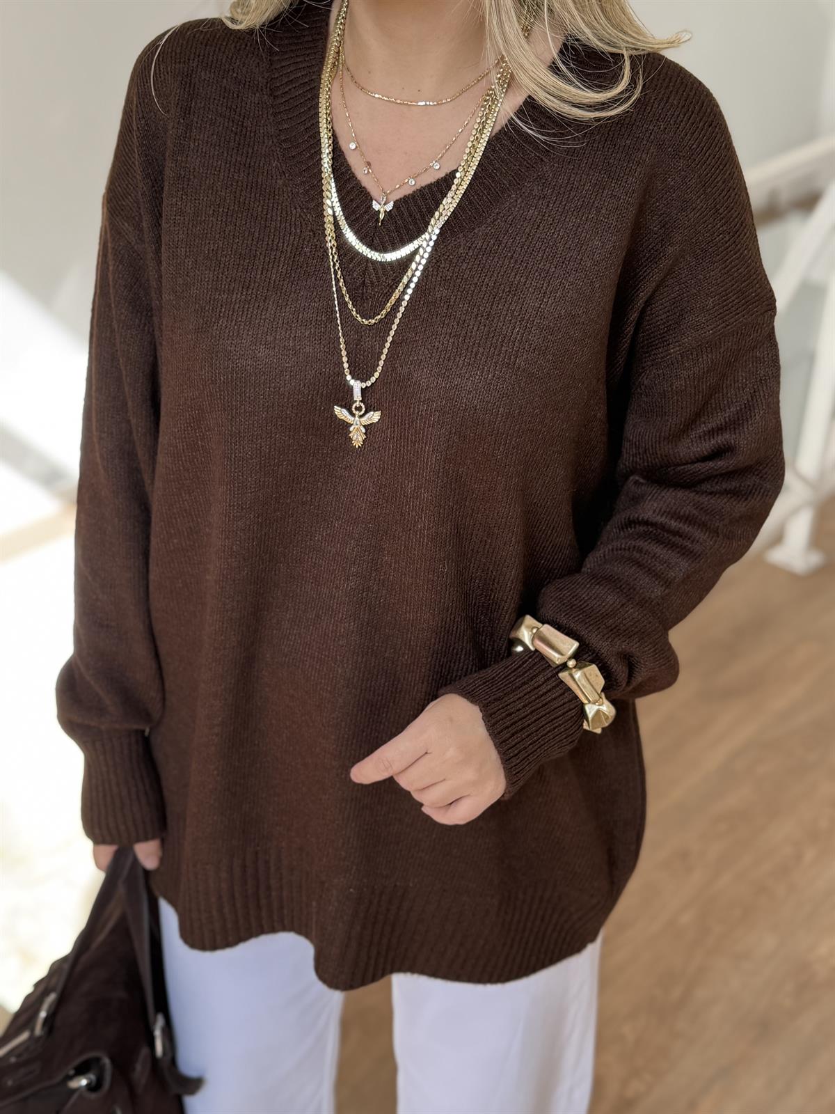 V Yaka Soft Triko Kazak - Kahverengi