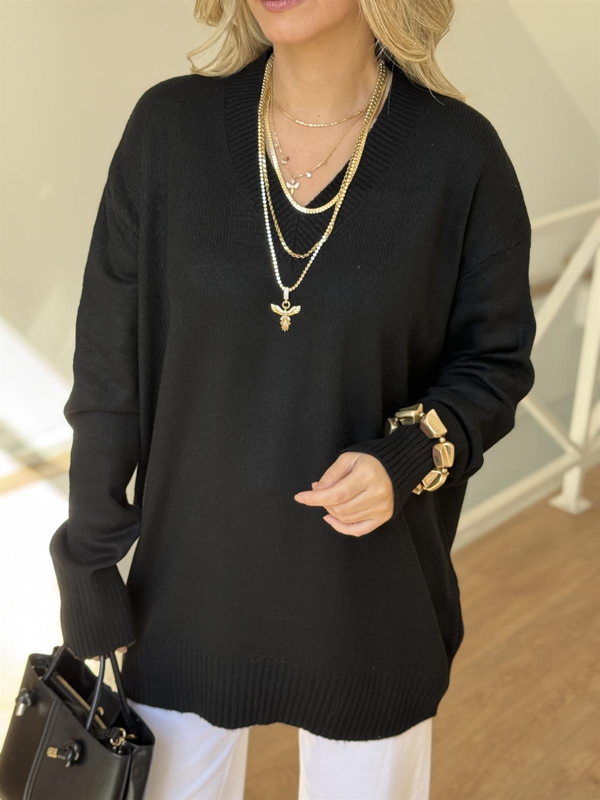 V Yaka Soft Triko Kazak - Siyah