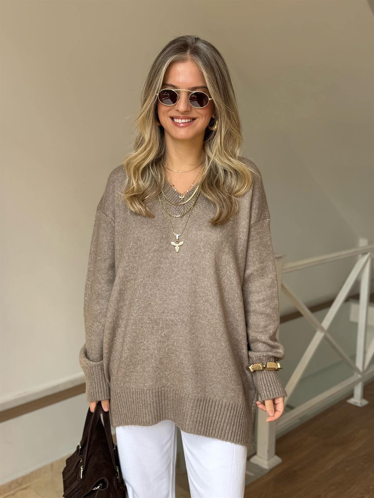 V Yaka Soft Triko Kazak - Vizon