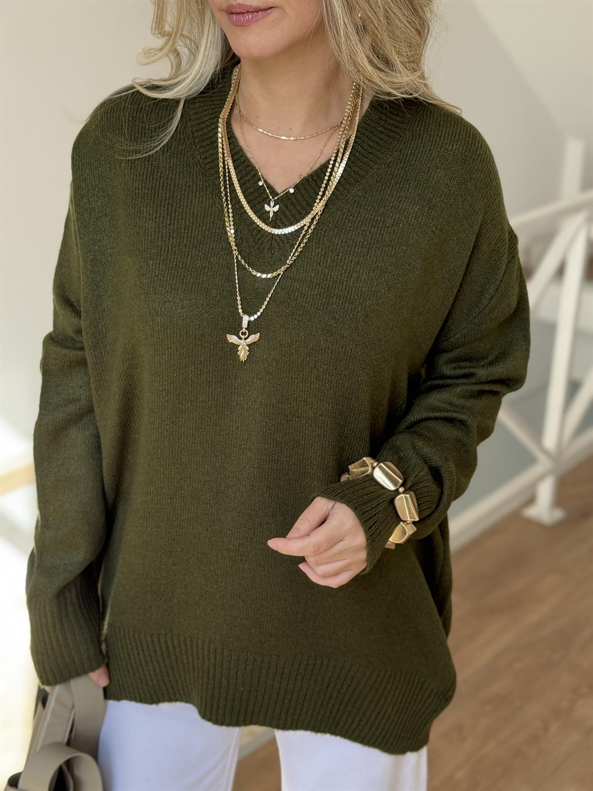 V Yaka Soft Triko Kazak - Haki