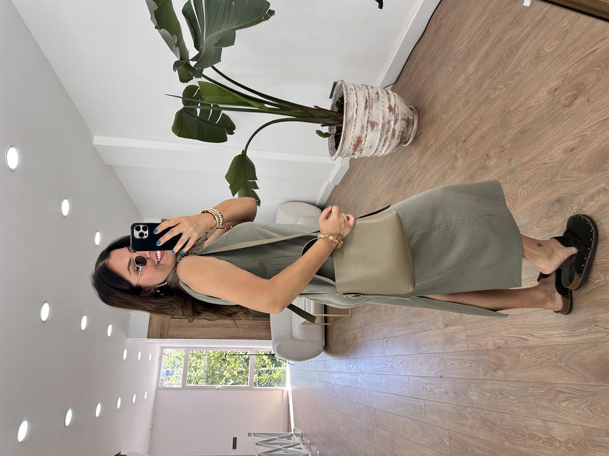 V Yaka Premium Tensel Elbise-Haki