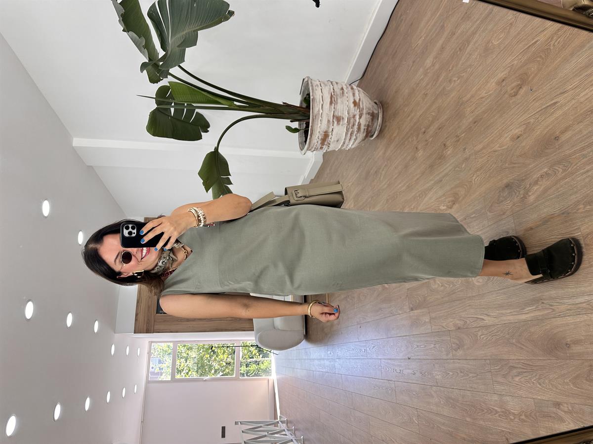 V Yaka Premium Tensel Elbise-Haki