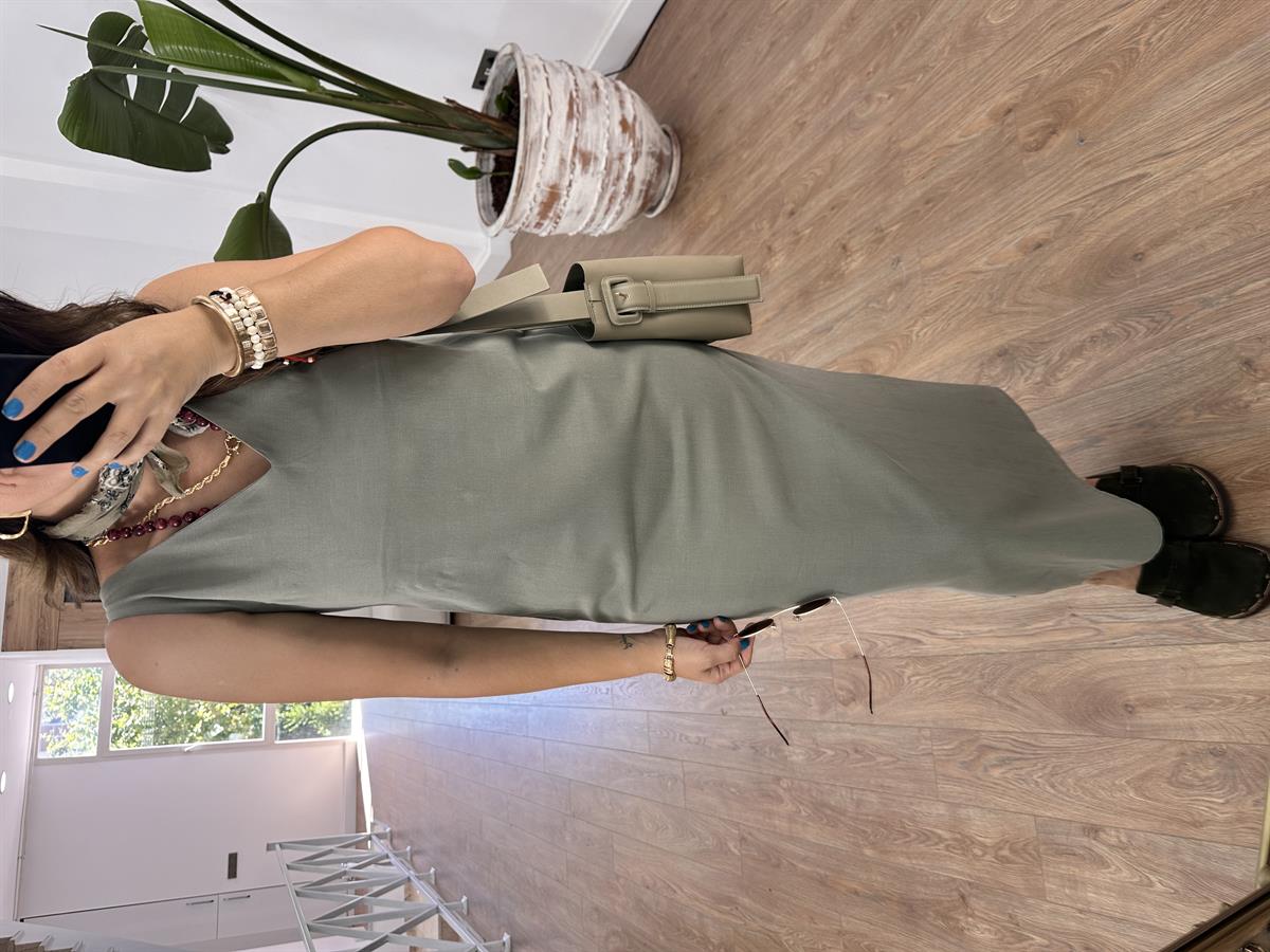 V Yaka Premium Tensel Elbise-Haki