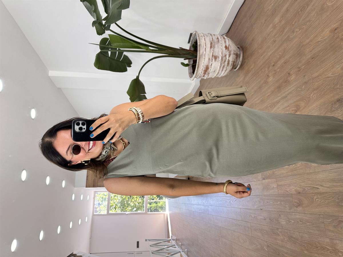 V Yaka Premium Tensel Elbise-Haki