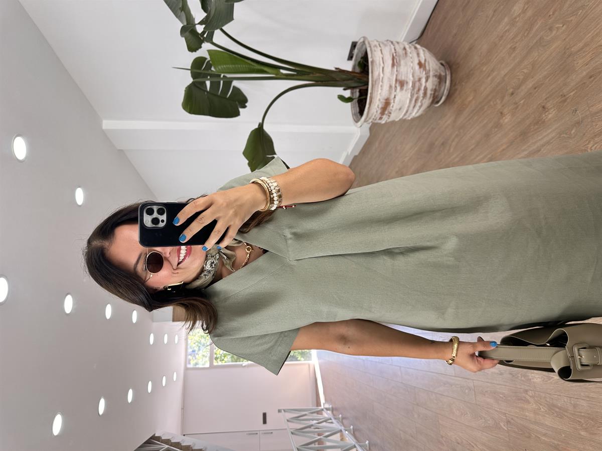 V Yaka Salaş Keten Elbise-Haki