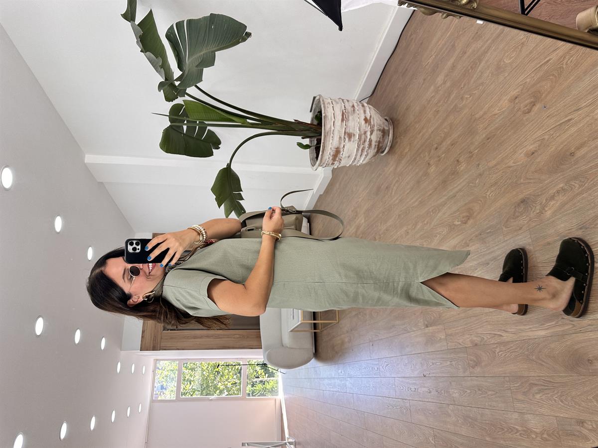 V Yaka Salaş Keten Elbise-Haki