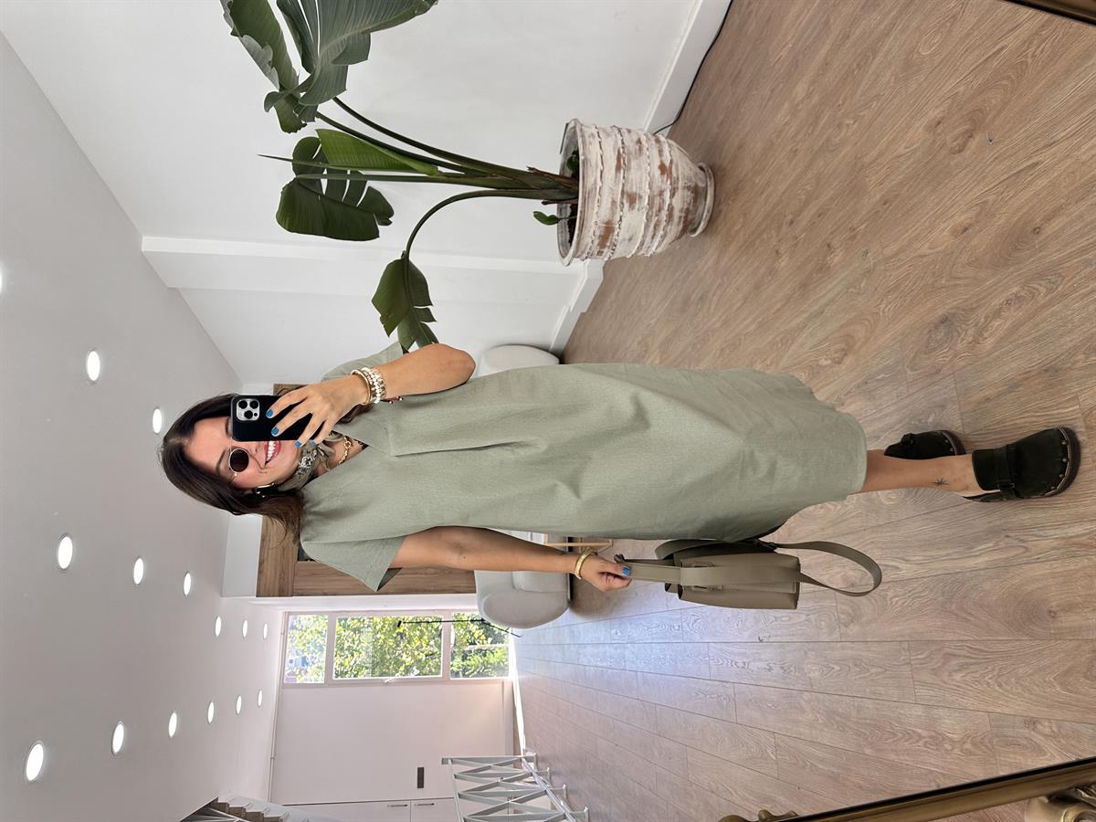 V Yaka Salaş Keten Elbise-Haki