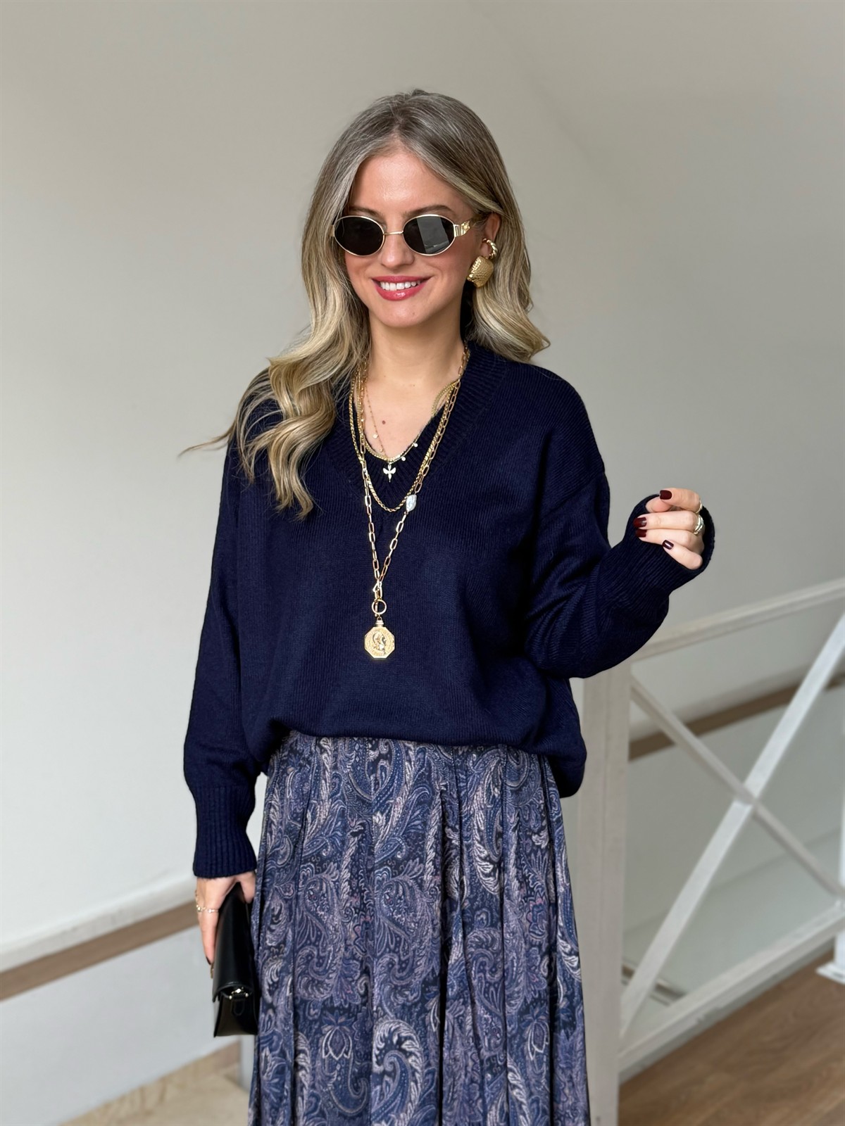 V Yaka Soft Triko Kazak - Lacivert