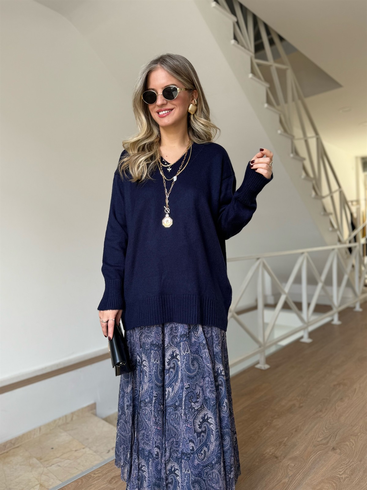 V Yaka Soft Triko Kazak - Lacivert