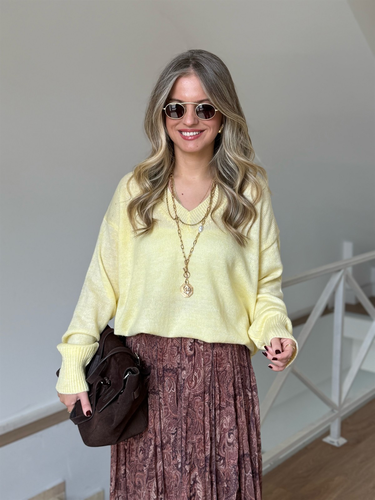 V Yaka Soft Triko Kazak - Sarı