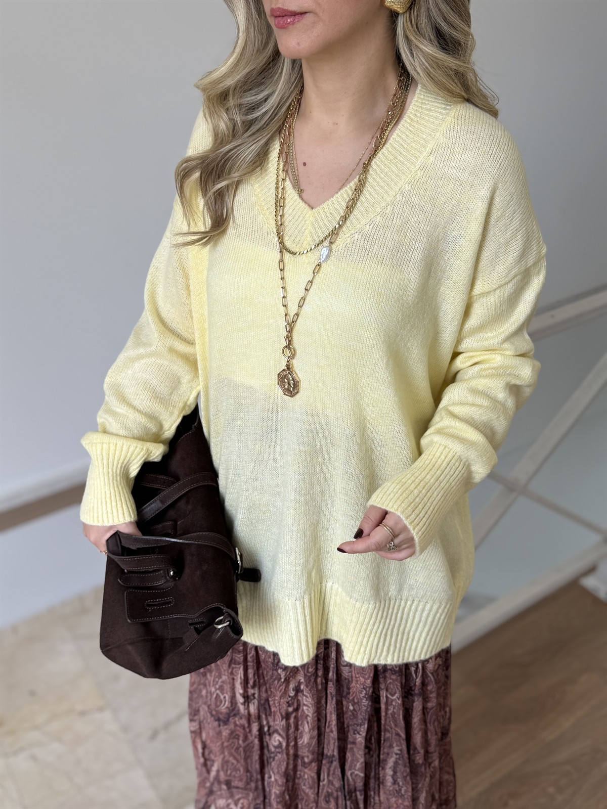 V Yaka Soft Triko Kazak - Sarı